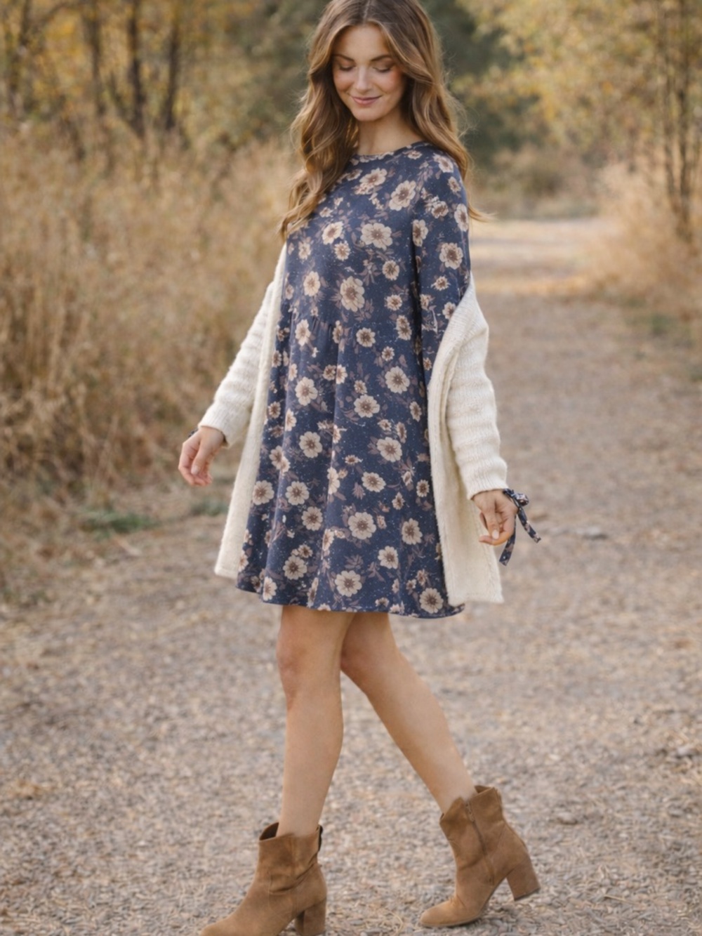 Flamingo Urban Floral Long Sleeve Dress Size Small Boho Tie Sleeve Flowy Nav